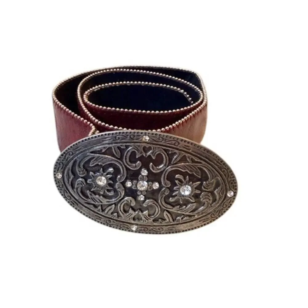 Vintage Burgundy Leather Western Belt w/ Rhinestone Buckle – Women’s M - Picture 3 of 10